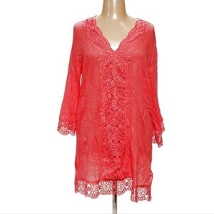 XXL ISAAC MIZRAHI V-Neck Embroidered Crochet Trim Side Slits Bell Sleeve Coverup